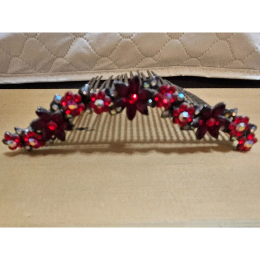 Rhinestone RED Flower‎ Hair Comb Red Crystal Bridal Headpiece Prom Y2K